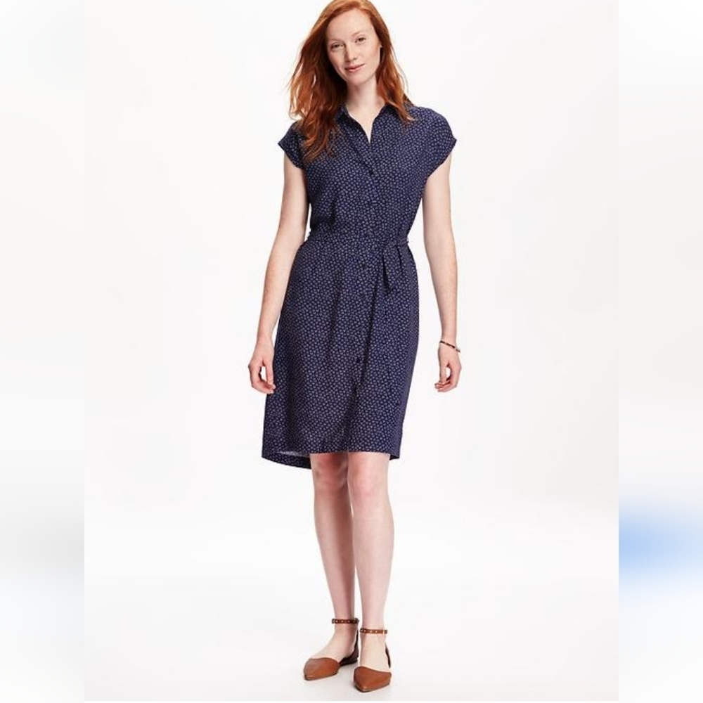 Old Navy Dolman Short Sleeves Button-up Dress Blue Polka-dot W/Belt Plus Size 24